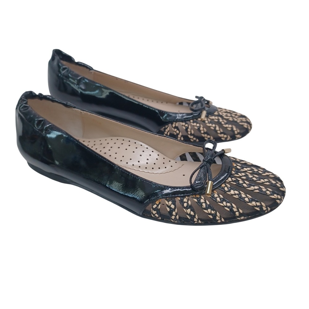 Eric Javits Black Patent Leather Woven Mesh Bow Ballet Flats Womens Size 8.5NM